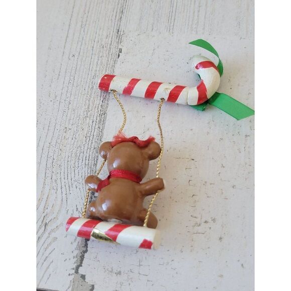 Vintage candy cane swing teddy bear wooden ornament Xmas decor - Picture 3 of 3